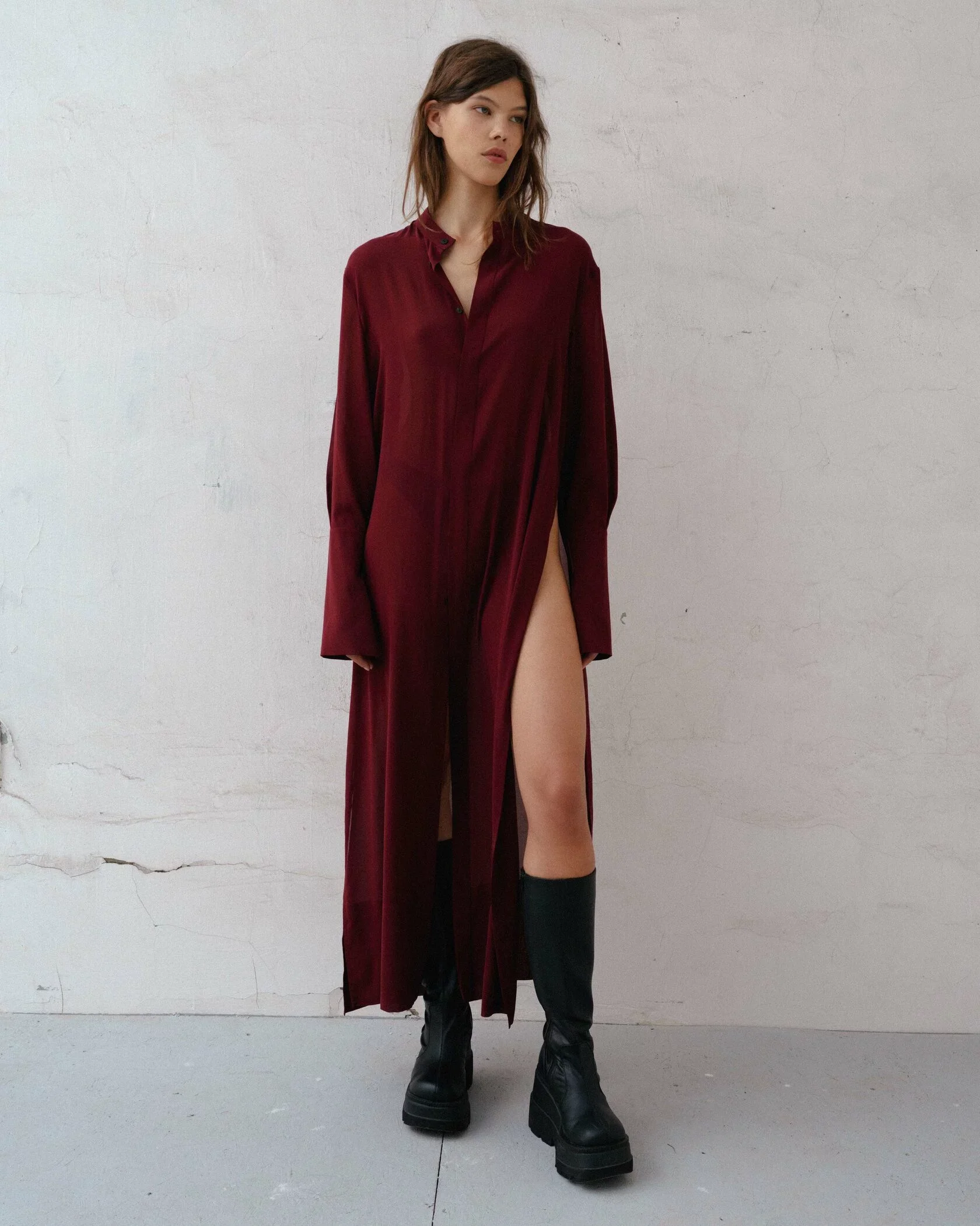 Pellucid Silk Shirt Dress - Burgundy - Image 3